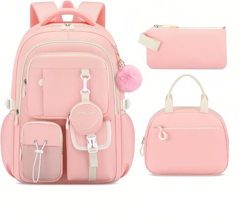 3Pcs Black Purple Backpack for Girls with Lunch Box Kids School Bag with Heart Coin Purse Bookbag for Elementary Middle School in Saudi Arabia