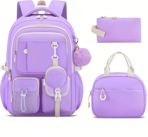3Pcs Black Purple Backpack for Girls with Lunch Box Kids School Bag with Heart Coin Purse Bookbag for Elementary Middle School in Saudi Arabia
