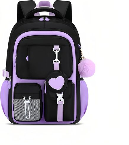 3Pcs Black Purple Backpack for Girls with Lunch Box Kids School Bag with Heart Coin Purse Bookbag for Elementary Middle School in Saudi Arabia