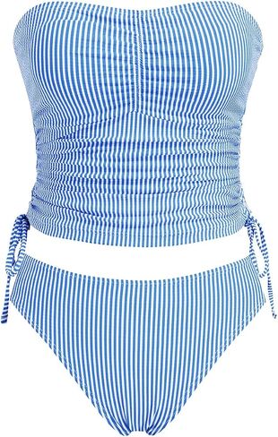 Women's Striped Bandeau Tankini Swimsuits Side Drawstring Two Piece Swimsuit Thong Bathing Suit in Saudi Arabia
