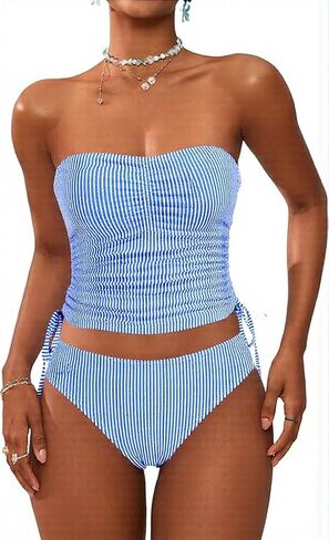 Women's Striped Bandeau Tankini Swimsuits Side Drawstring Two Piece Swimsuit Thong Bathing Suit in Saudi Arabia
