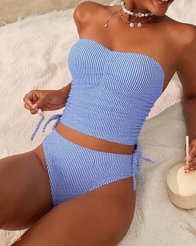 Women's Striped Bandeau Tankini Swimsuits Side Drawstring Two Piece Swimsuit Thong Bathing Suit in Saudi Arabia