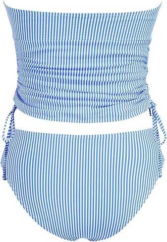 Women's Striped Bandeau Tankini Swimsuits Side Drawstring Two Piece Swimsuit Thong Bathing Suit in Saudi Arabia