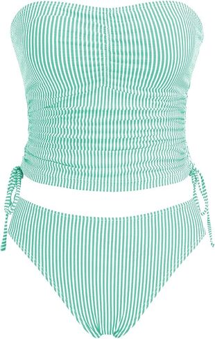 Women's Striped Bandeau Tankini Swimsuits Side Drawstring Two Piece Swimsuit Thong Bathing Suit in Saudi Arabia