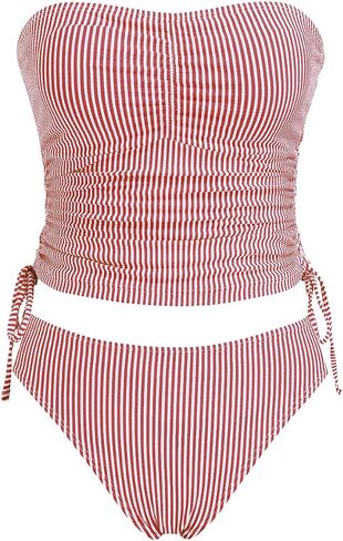 Women's Striped Bandeau Tankini Swimsuits Side Drawstring Two Piece Swimsuit Thong Bathing Suit in Saudi Arabia