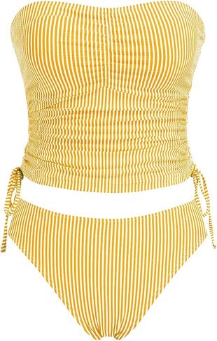 Women's Striped Bandeau Tankini Swimsuits Side Drawstring Two Piece Swimsuit Thong Bathing Suit in Saudi Arabia