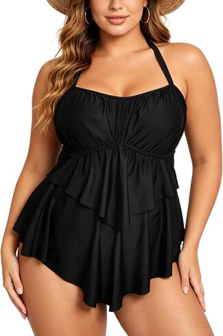 المرأة حجم كبير الرسن Tankini مجموعة كشكش طبقات هيم عارية الذراعين عالية الخصر 2 قطعة ثوب السباحة قطعتين المايوه in Kuwait