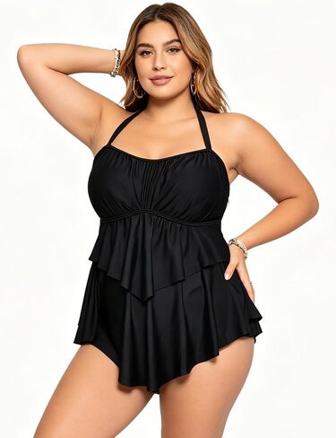 المرأة حجم كبير الرسن Tankini مجموعة كشكش طبقات هيم عارية الذراعين عالية الخصر 2 قطعة ثوب السباحة قطعتين المايوه in Kuwait