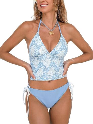 CUPSHE Women's Tankini Set Swimsuit Cute Halter Strap Color Block Bathing Suit Mid Rise String Side Tie Swimwear 2026, S in Kuwait