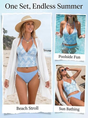 CUPSHE Women's Tankini Set Swimsuit Cute Halter Strap Color Block Bathing Suit Mid Rise String Side Tie Swimwear 2026, S in Kuwait
