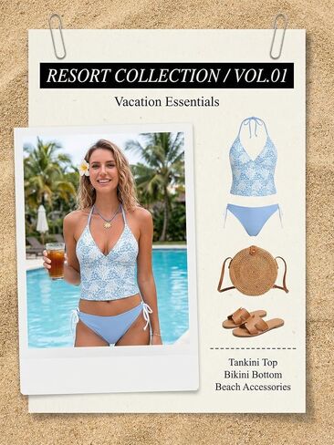 CUPSHE Women's Tankini Set Swimsuit Cute Halter Strap Color Block Bathing Suit Mid Rise String Side Tie Swimwear 2026, S in Kuwait