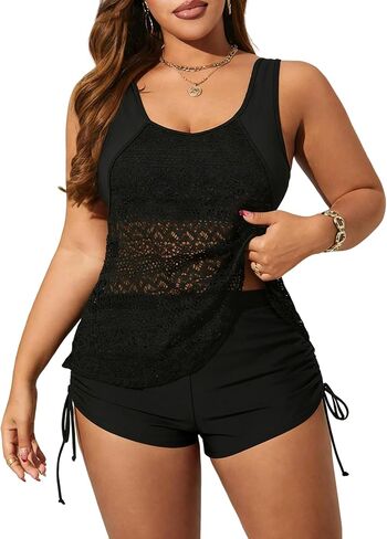 ZAFUL Womens Plus Size Swimsuits Crochet Tankini Sets with Drawstring Shorts High Waisted Tummy Control Swimwear in Kuwait