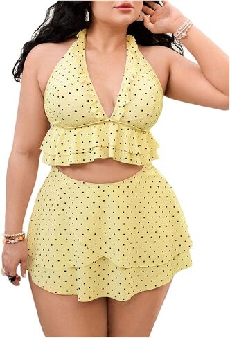 MakeMeChic Women's Plus Size Tankini Swimsuits Polka Dots Halter V Neck Ruffle Bathing Suit with Skirt in Kuwait