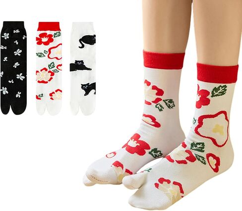 Women's Tabi Split Toe Socks, Cotton Blend, Beige Cream Black, 3 Pack, Floral and Solid Patterns in Saudi Arabia