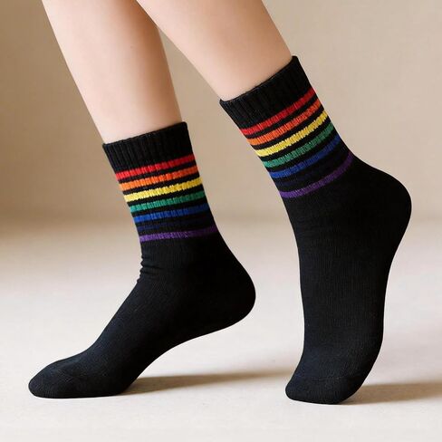 Rainbow Striped Women's Crew Socks Colorful Cotton LGBT Pride Socks Fun Novelty Socks for Everyday Wear 6 Pairs in Saudi Arabia
