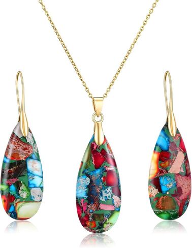 Kingdder Natural Stone Jewelry Set for Women Imperial Healing Stone Necklace Colorful Teardrop Dangle Earings Boho Jewelry in Kuwait