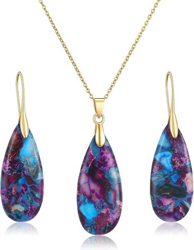 Kingdder Natural Stone Jewelry Set for Women Imperial Healing Stone Necklace Colorful Teardrop Dangle Earings Boho Jewelry in Kuwait