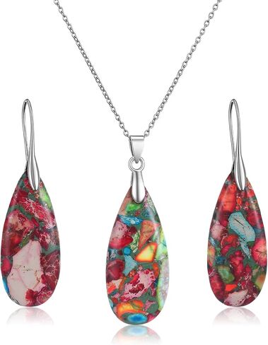 Kingdder Natural Stone Jewelry Set for Women Imperial Healing Stone Necklace Colorful Teardrop Dangle Earings Boho Jewelry in Kuwait