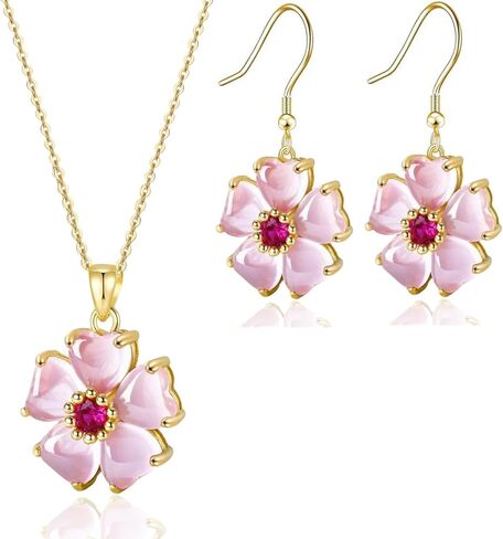 VONSSY Elegant Cherry Blossom Necklace Earrings Pink Cats Eye Flower Flora Sakura Gemstone Crystal Pendant 18k Gold Plated Chain Jewelry Set Gift for Woman Wife Girlfriend in Saudi Arabia
