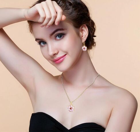 VONSSY Elegant Cherry Blossom Necklace Earrings Pink Cats Eye Flower Flora Sakura Gemstone Crystal Pendant 18k Gold Plated Chain Jewelry Set Gift for Woman Wife Girlfriend in Saudi Arabia