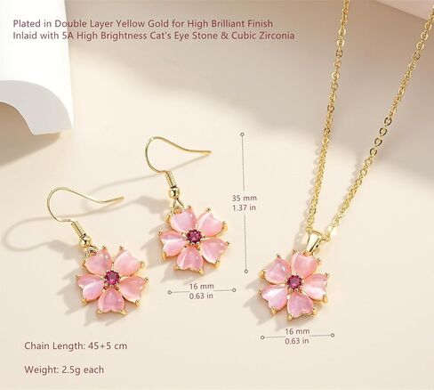 VONSSY Elegant Cherry Blossom Necklace Earrings Pink Cats Eye Flower Flora Sakura Gemstone Crystal Pendant 18k Gold Plated Chain Jewelry Set Gift for Woman Wife Girlfriend in Saudi Arabia