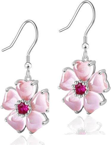 VONSSY Elegant Cherry Blossom Necklace Earrings Pink Cats Eye Flower Flora Sakura Gemstone Crystal Pendant 18k Gold Plated Chain Jewelry Set Gift for Woman Wife Girlfriend in Saudi Arabia