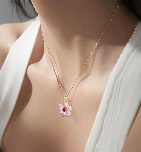VONSSY Elegant Cherry Blossom Necklace Earrings Pink Cats Eye Flower Flora Sakura Gemstone Crystal Pendant 18k Gold Plated Chain Jewelry Set Gift for Woman Wife Girlfriend in Saudi Arabia