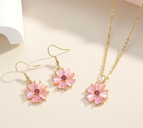 VONSSY Elegant Cherry Blossom Necklace Earrings Pink Cats Eye Flower Flora Sakura Gemstone Crystal Pendant 18k Gold Plated Chain Jewelry Set Gift for Woman Wife Girlfriend in Saudi Arabia