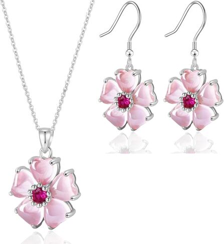 VONSSY Elegant Cherry Blossom Necklace Earrings Pink Cats Eye Flower Flora Sakura Gemstone Crystal Pendant 18k Gold Plated Chain Jewelry Set Gift for Woman Wife Girlfriend in Saudi Arabia