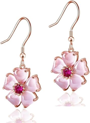 VONSSY Elegant Cherry Blossom Necklace Earrings Pink Cats Eye Flower Flora Sakura Gemstone Crystal Pendant 18k Gold Plated Chain Jewelry Set Gift for Woman Wife Girlfriend in Saudi Arabia