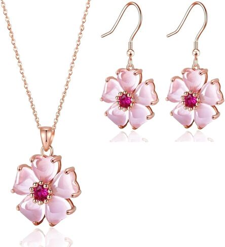 VONSSY Elegant Cherry Blossom Necklace Earrings Pink Cats Eye Flower Flora Sakura Gemstone Crystal Pendant 18k Gold Plated Chain Jewelry Set Gift for Woman Wife Girlfriend in Saudi Arabia