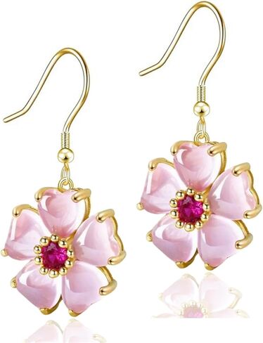 VONSSY Elegant Cherry Blossom Necklace Earrings Pink Cats Eye Flower Flora Sakura Gemstone Crystal Pendant 18k Gold Plated Chain Jewelry Set Gift for Woman Wife Girlfriend in Saudi Arabia