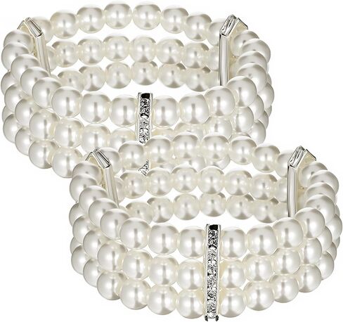 2Pcs Pearl Bracelets for Women, 1920s Vintage Pearl Stretch Bracelet 3-Rows Fake Pearls Bracelet for Women Bridal Wedding Jewelry(White) in Kuwait