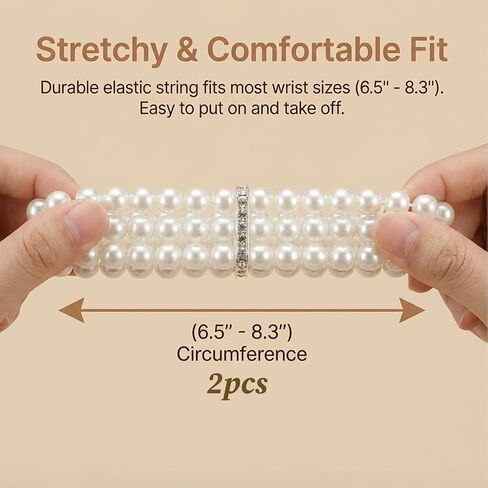 2Pcs Pearl Bracelets for Women, 1920s Vintage Pearl Stretch Bracelet 3-Rows Fake Pearls Bracelet for Women Bridal Wedding Jewelry(White) in Kuwait