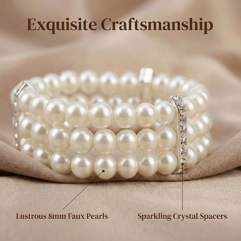2Pcs Pearl Bracelets for Women, 1920s Vintage Pearl Stretch Bracelet 3-Rows Fake Pearls Bracelet for Women Bridal Wedding Jewelry(White) in Kuwait