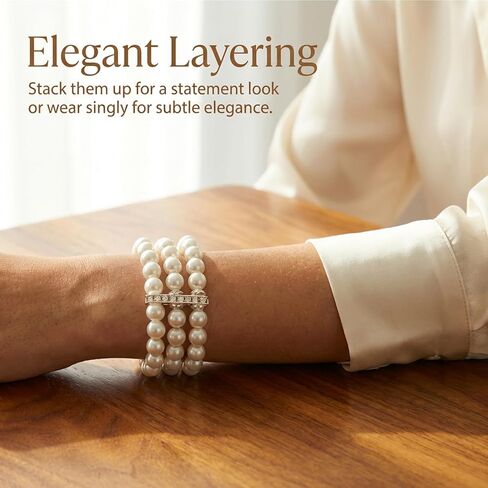 2Pcs Pearl Bracelets for Women, 1920s Vintage Pearl Stretch Bracelet 3-Rows Fake Pearls Bracelet for Women Bridal Wedding Jewelry(White) in Kuwait