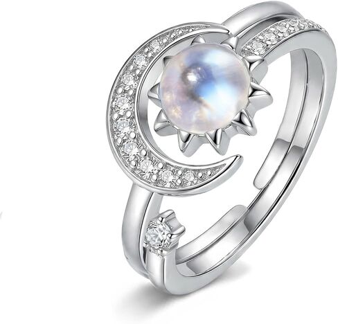 Natural Moonstone Moon Sun Adjustable Ring for Women,New Beginnings Real Rainbow Moonstone Celestial Ring Cute Matching Rings in Saudi Arabia