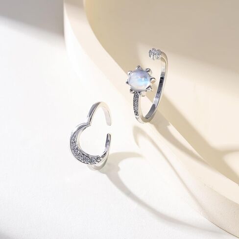 Natural Moonstone Moon Sun Adjustable Ring for Women,New Beginnings Real Rainbow Moonstone Celestial Ring Cute Matching Rings in Saudi Arabia
