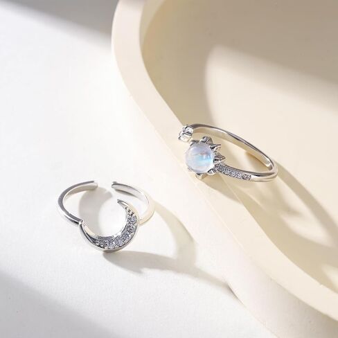 Natural Moonstone Moon Sun Adjustable Ring for Women,New Beginnings Real Rainbow Moonstone Celestial Ring Cute Matching Rings in Saudi Arabia