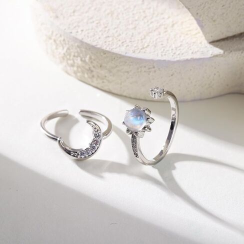 Natural Moonstone Moon Sun Adjustable Ring for Women,New Beginnings Real Rainbow Moonstone Celestial Ring Cute Matching Rings in Saudi Arabia