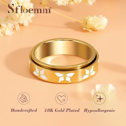 Butterfly Fidget Spinner Ring for Women - 18K Gold Plated Stainless Steel Rotating Anxiety Relief Jewelry, Size 6-10 in Saudi Arabia