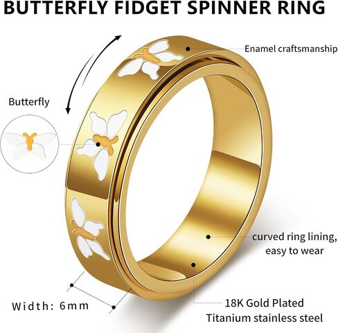 Butterfly Fidget Spinner Ring for Women - 18K Gold Plated Stainless Steel Rotating Anxiety Relief Jewelry, Size 6-10 in Saudi Arabia