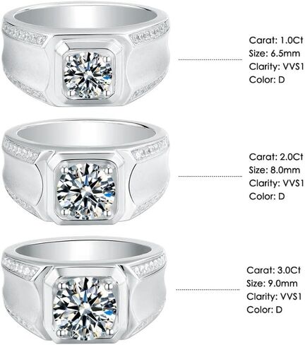 Gem's Beauty Moissanite Men's Rings 1.0ct - 3.0ct D Color Moissanite Engagement Ring imitation Diamond Rings 925 Sterling Silver Wedding Ring for Men(Size 8-12 in Saudi Arabia