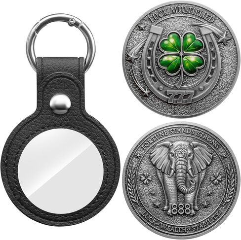 Good Luck Challenge Coin, Lucky Medal Charms Keychain with Four Leaf Clover, Elephant 777 with Leather Coin Holder in Saudi Arabia