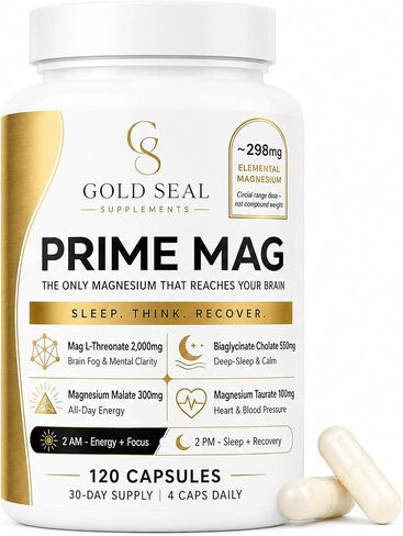 مركب المغنيسيوم Gold Seal Prime، المغنيسيوم L-ثريونات، بيسجليسينات، مالات وتورات مع فيتامين B6 P-5-P، 120 كبسولة نباتية (قطعة واحدة) in Kuwait