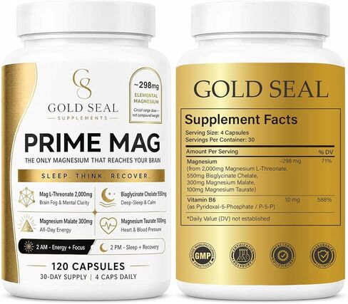 مركب المغنيسيوم Gold Seal Prime، المغنيسيوم L-ثريونات، بيسجليسينات، مالات وتورات مع فيتامين B6 P-5-P، 120 كبسولة نباتية (قطعة واحدة) in Kuwait