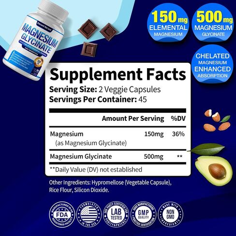 Magnesium Glycinate 500mg Magnesium Supplement - Chelated for High Absorption & Bioavailability Support Sleep, Muscle, Bones, Cramps, Recovery & Energy, Vegan Non-GMO 90 Capsules Pack of 1 in Saudi Arabia