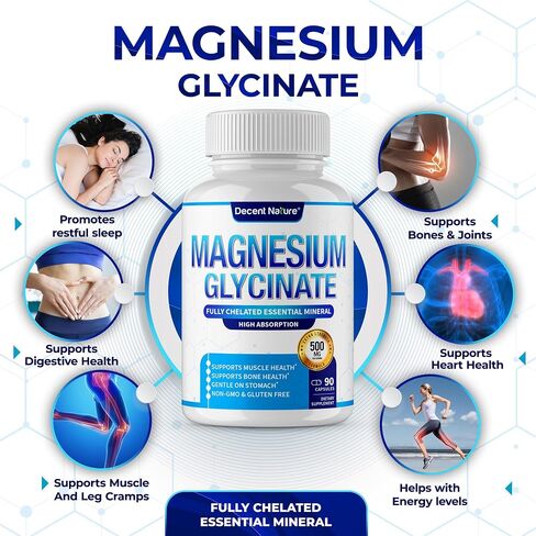 Magnesium Glycinate 500mg Magnesium Supplement - Chelated for High Absorption & Bioavailability Support Sleep, Muscle, Bones, Cramps, Recovery & Energy, Vegan Non-GMO 90 Capsules Pack of 1 in Saudi Arabia