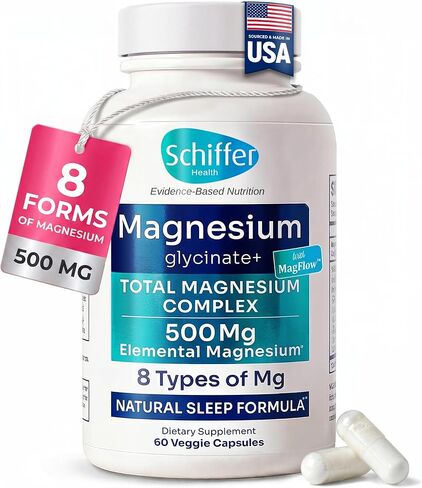 Magnesium Complex Supplement – 8 Elemental 500mg Magnesium Glycinate, Citrate, Malate with MagFlow™ - Sleep, Muscle & Relaxation Support | 60 Capsules | Non-GMO, Vegan, 3rd Party Tested, Made in USA in Saudi Arabia