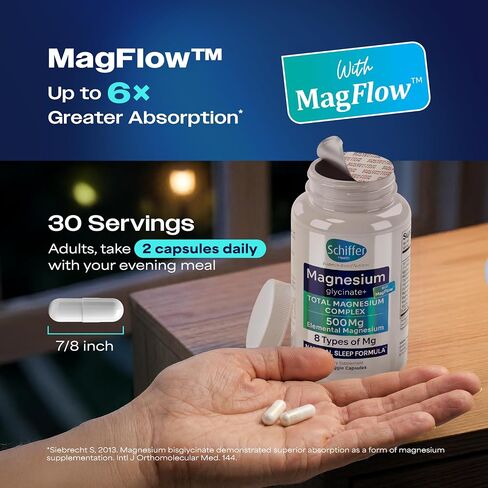Magnesium Complex Supplement – 8 Elemental 500mg Magnesium Glycinate, Citrate, Malate with MagFlow™ - Sleep, Muscle & Relaxation Support | 60 Capsules | Non-GMO, Vegan, 3rd Party Tested, Made in USA in Saudi Arabia